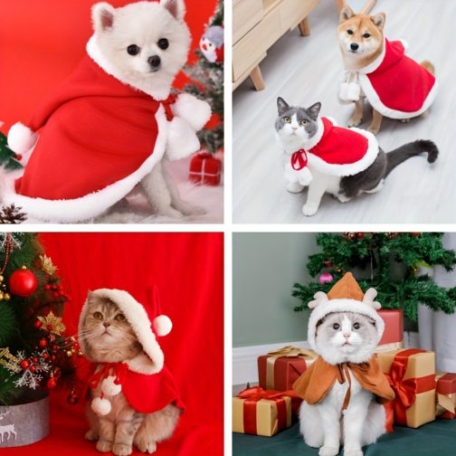 Cat Christmas Outfits, Dog Cat Santa Claus Outfit, Soft And Thick Xmas Cape With Hat, Christmas Cat Dog Costume Pet Cape, Cat Christmas Costumes For Cats, Medium Cat Cape For Cats - Image 7